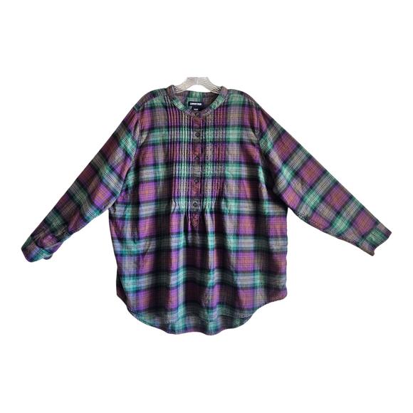 LANDS END Women Plus 24 Tunic Top Flannel Plaid Green Purple Pintuck Pleats 56" - Picture 1 of 7